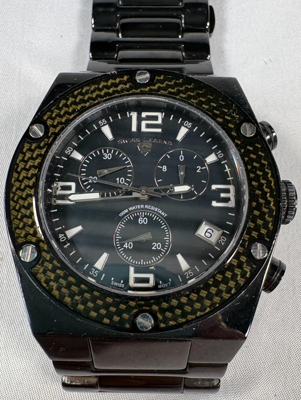 Swiss Legend Chronograph Watch Black Ion Carbon Fiber Dial Date 316L Used